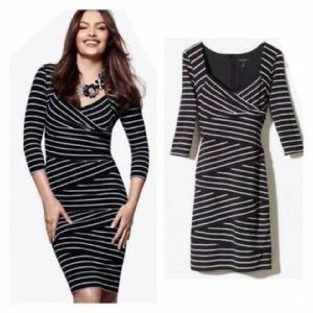 NWT WHBM Black/White  3/4 Sleeve Striped dress - Instantly Slimming size 8
